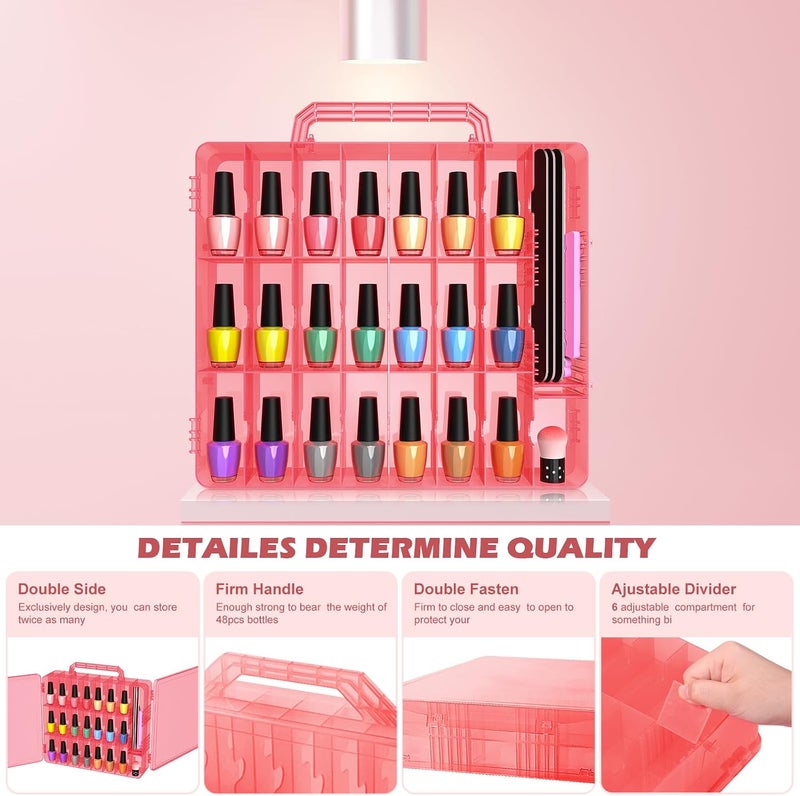 BELOVING 2pcs Nail Polish Organizer, Portable 48 Bottles Clear Nail Polish Holder with Adjustable Divider, Gel Nail Polish Storage Double Side Nail Polish Organizer Case for Nail Tech Pink - Image 2