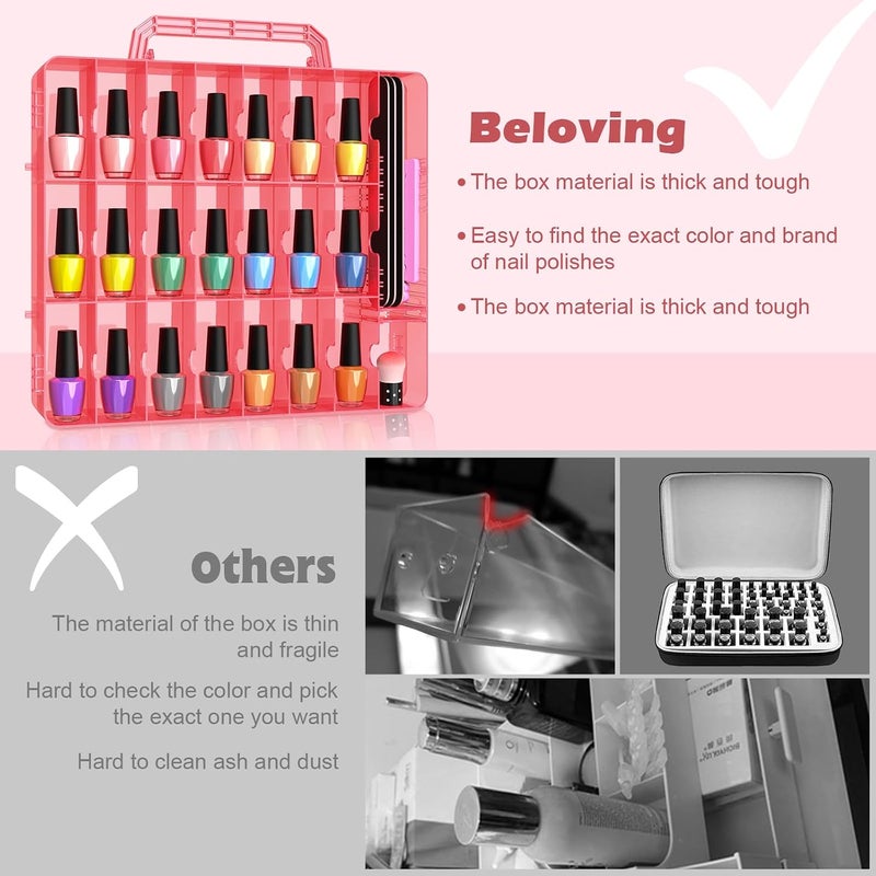 BELOVING 2pcs Nail Polish Organizer, Portable 48 Bottles Clear Nail Polish Holder with Adjustable Divider, Gel Nail Polish Storage Double Side Nail Polish Organizer Case for Nail Tech Pink - Image 3