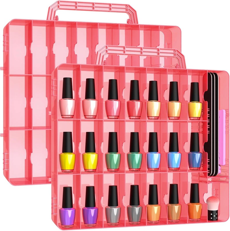 BELOVING 2pcs Nail Polish Organizer, Portable 48 Bottles Clear Nail Polish Holder with Adjustable Divider, Gel Nail Polish Storage Double Side Nail Polish Organizer Case for Nail Tech Pink - Image 1