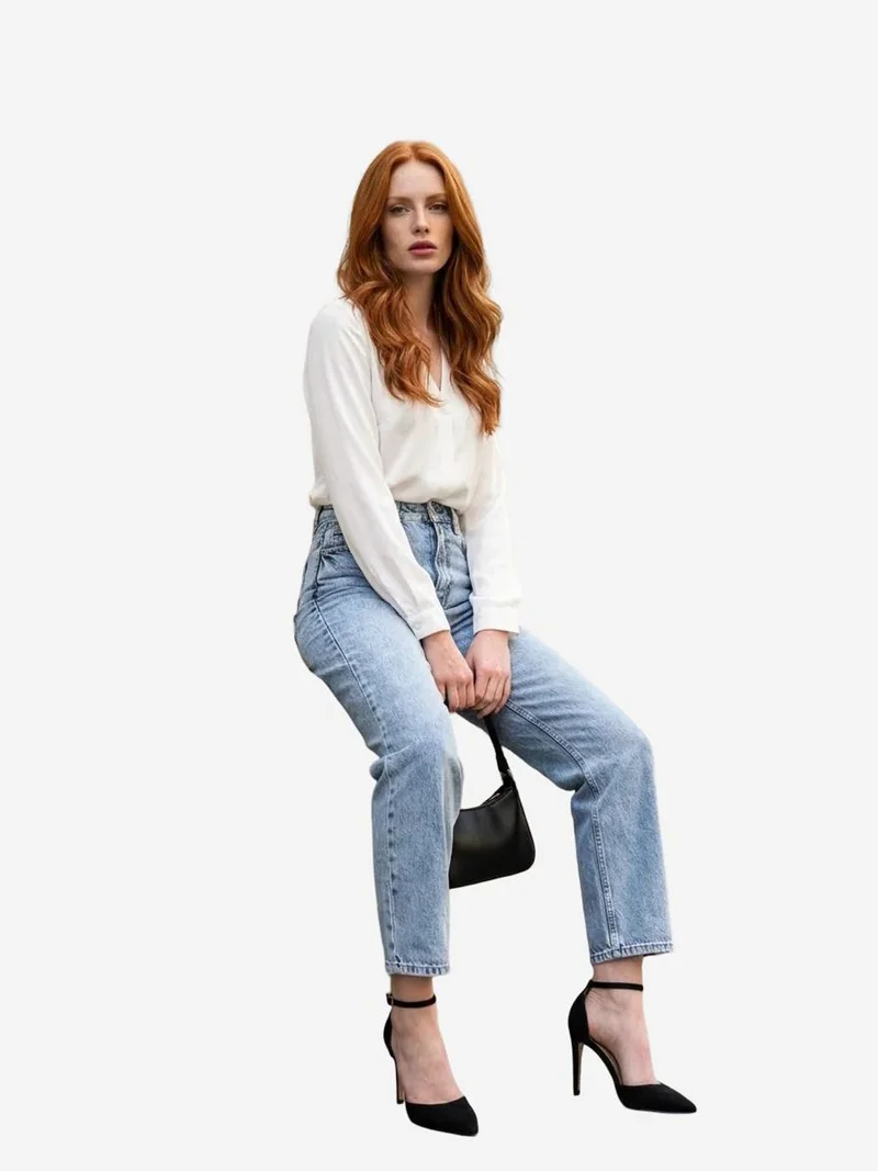MY FASHION Ice Blue MY FASHION High Waist Slim Fit Denim Pants for Women | Best Price UAE