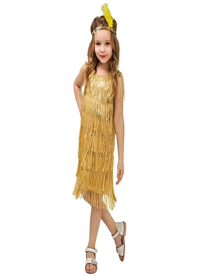 ODOLDI 1920s Flapper Dress for Girls Gold Flapper Dresses 1920s Gatsby Sequin Fringe Dresses with Feather Headband Roaring 20s Flapper Costumes for Kids Latin Dance Dress Gold 7-9 Years - Image 1
