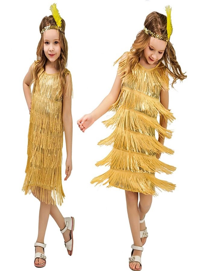 ODOLDI 1920s Flapper Dress for Girls Gold Flapper Dresses 1920s Gatsby Sequin Fringe Dresses with Feather Headband Roaring 20s Flapper Costumes for Kids Latin Dance Dress Gold 7-9 Years - Image 4