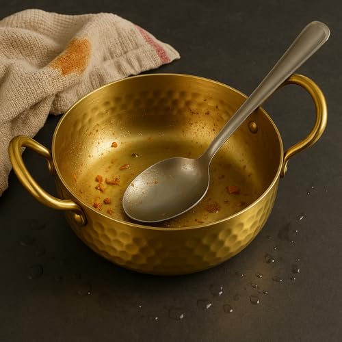 Snevad Pure Kadai Handmade Heavy Hammered Kadhai with Kalai 100% Kadai for Gas Stove Indian Cooking Healthy Non Toxic Pital Kadhai for Frying, Sabzi, Curry, Serving Traditional Brass Utensil - Image 4