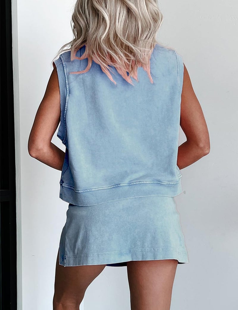 Ecosunny Women's Summer 2 Piece Sets Sweatsuits Casual Crewneck Sleeveless Matching Sets Trendy Skirt Shorts Lounge Outfits Myosotis S - Image 4