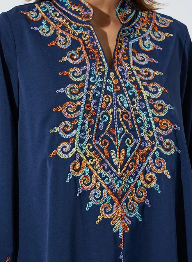 Amirah  Navy Blue Embroidered Long Sleeves Maxi Jalabiya for Women | Best Price UAE