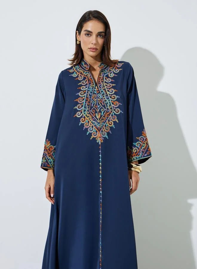 Amirah Navy Blue Embroidered Long Sleeves Maxi Jalabiya