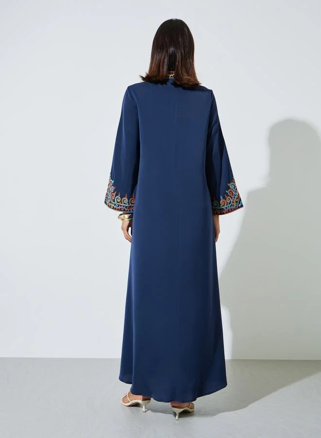Amirah  Navy Blue Embroidered Long Sleeves Maxi Jalabiya for Women | Best Price UAE