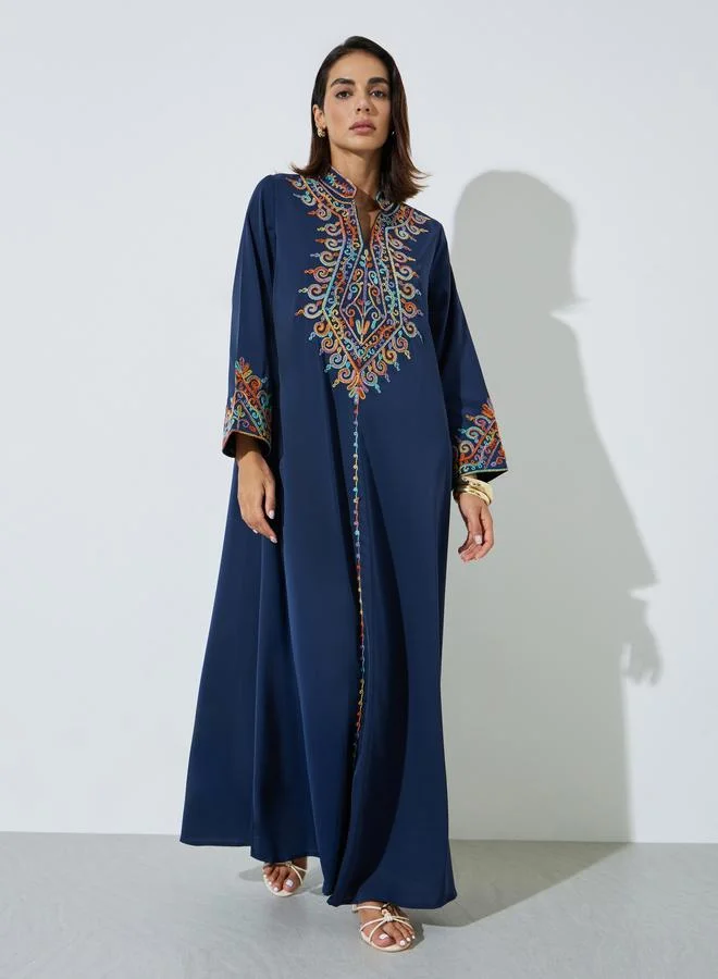 Amirah Navy Blue Embroidered Long Sleeves Maxi Jalabiya