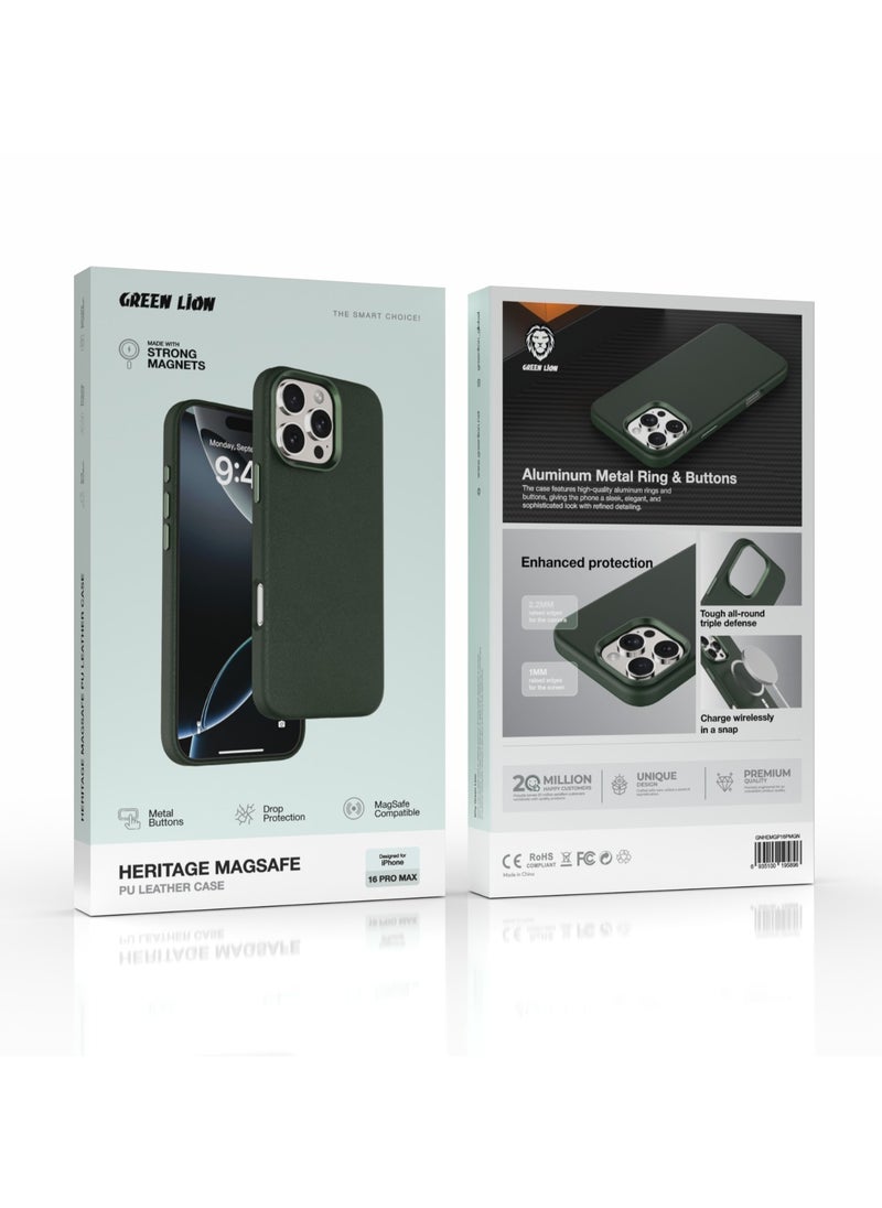 GREEN LION - iPhone 16 Pro Max Magsafe Case Heritage PU Leather cover / Anti Scratch / Metal Buttons / Drop Protection / Made with Strong Magnets / Charge Wirelessly in a Snap / Tough All-Round Triple Defense - Green - Image 1