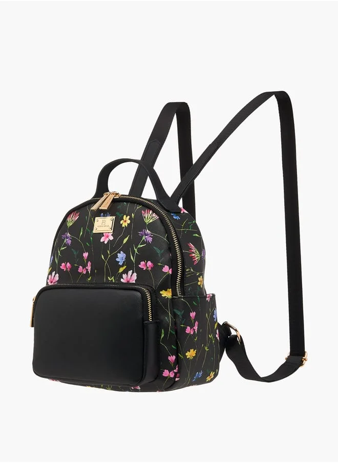 Flora Bella By Shoexpress Women Monogram Print Backpack with Adjustable Straps and Zip Closure - 23x12x26 cm
