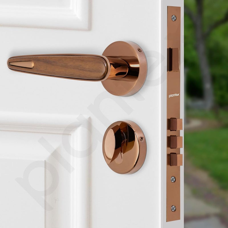 Plantex Zinc And Brass Premium Door Lock With 3 Years Of WarrantyMain Door Lock For HomeMortise Lock For DoorMain Door Lock SetPvd Rose GoldWood Finish - Image 3