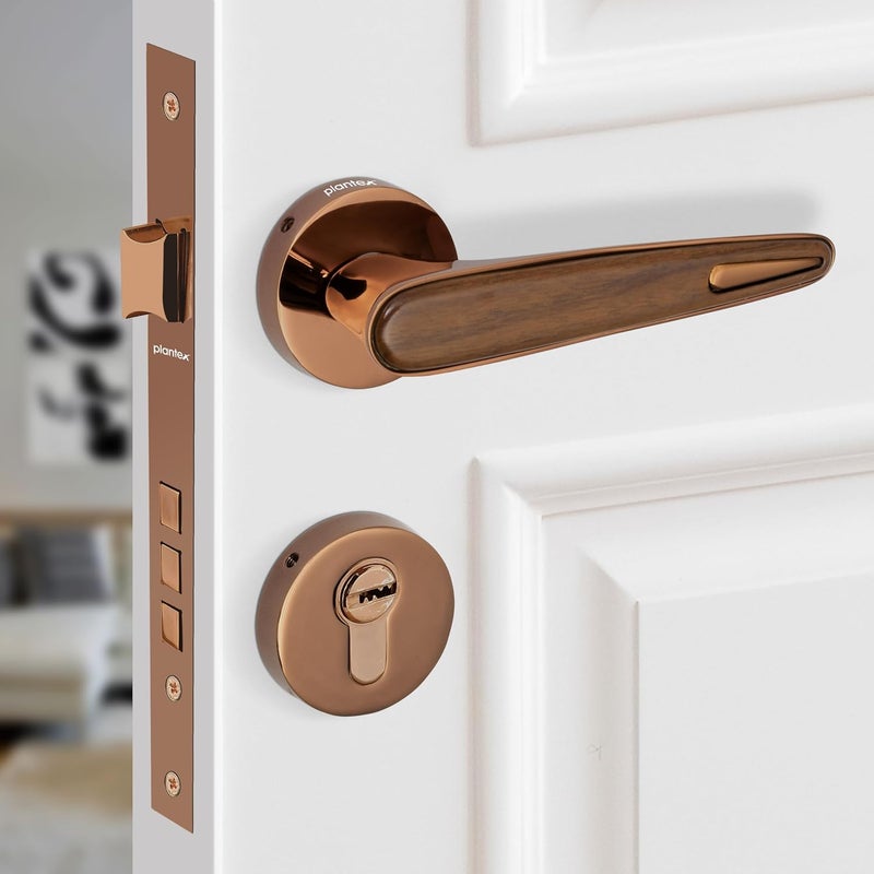 Plantex Zinc And Brass Premium Door Lock With 3 Years Of WarrantyMain Door Lock For HomeMortise Lock For DoorMain Door Lock SetPvd Rose GoldWood Finish - Image 1