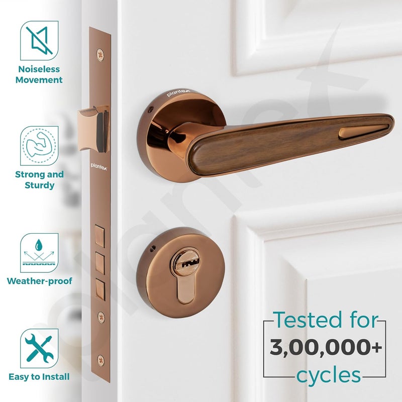 Plantex Zinc And Brass Premium Door Lock With 3 Years Of WarrantyMain Door Lock For HomeMortise Lock For DoorMain Door Lock SetPvd Rose GoldWood Finish - Image 2