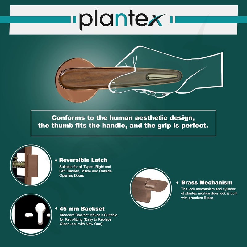 Plantex Zinc And Brass Premium Door Lock With 3 Years Of WarrantyMain Door Lock For HomeMortise Lock For DoorMain Door Lock SetPvd Rose GoldWood Finish - Image 5