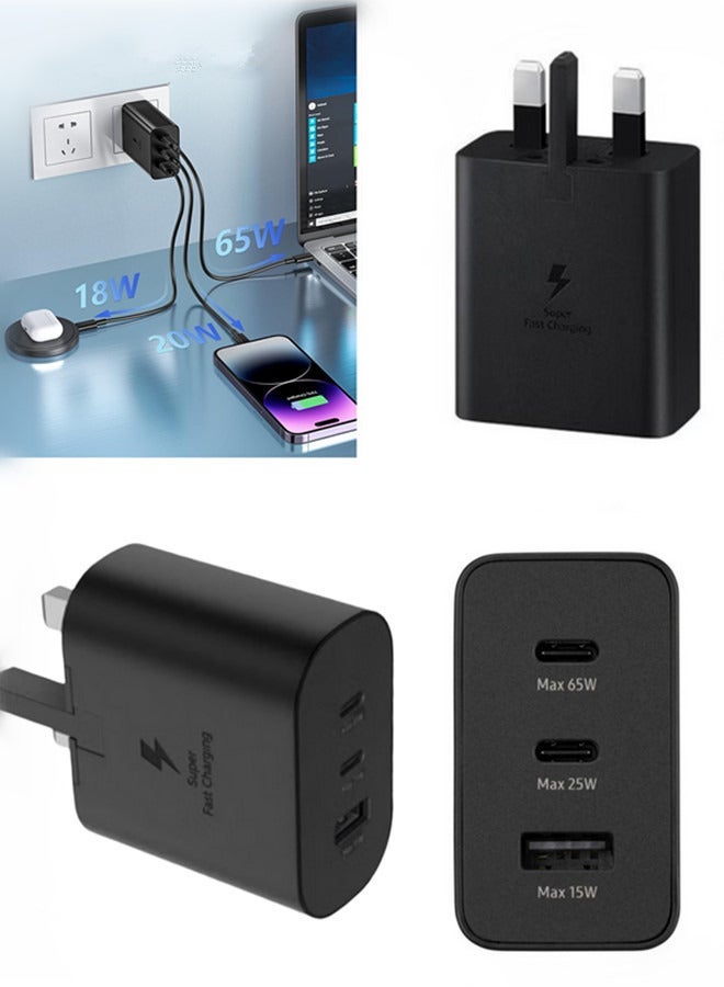 السعادة شاحن جداري بقوة 65 واط مع 3 منافذ، شاحن USB C سريع، رأس الشاحن مع سلك شحن USB نوع C، محول شحن Type C سريع للهاتف الآيفون والإيباد وجالكسي وسامسونج والكمبيوتر المحمول - Image 1