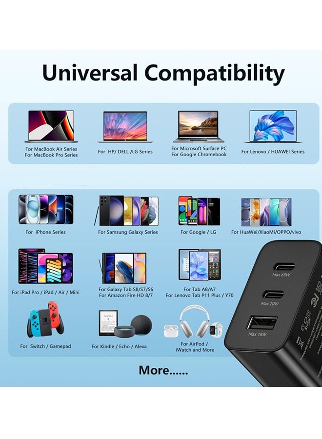السعادة شاحن جداري بقوة 65 واط مع 3 منافذ، شاحن USB C سريع، رأس الشاحن مع سلك شحن USB نوع C، محول شحن Type C سريع للهاتف الآيفون والإيباد وجالكسي وسامسونج والكمبيوتر المحمول - Image 2