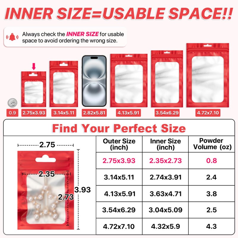 ANZNKU 100 Pieces Resealable Mylar Bags with Zipper and Frosted Clear Window Smell Proof Packaging Bags Foil Pouch Zipper Bag for Food Self Sealing Storage Supplies (Red, 2.75Ã—3.93 inches) - Image 2