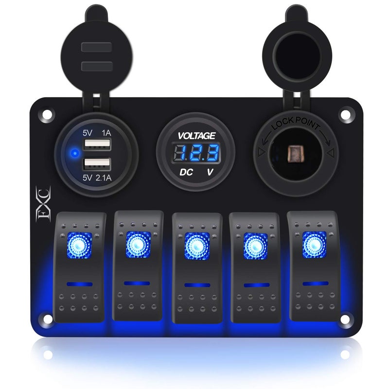 FXC Waterproof Marine Boat Rocker Switch Aluminum Panel 5 Gang with Dual USB Slot Socket 3.1A + Volt Meter Blue LED Light for Car Rv Vehicles Truck (KG0149-5B Blue) - Image 1