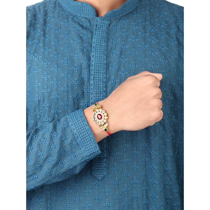 PEORA Rakhshabandhan Thread Rakhi for Brother Bhaiya | Kundan Beads & Crystal Studded | Combo Set of 2 | Rakhi Hamper Roli Chawal & Greeting Card - Image 3