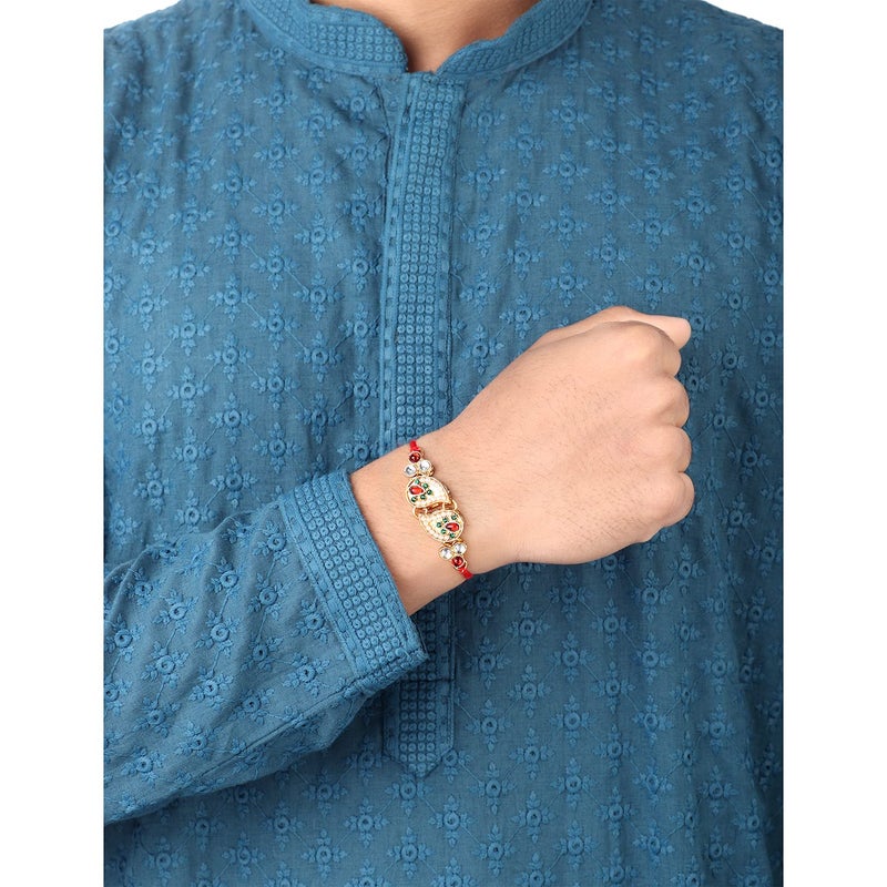 PEORA Rakhshabandhan Thread Rakhi for Brother Bhaiya | Kundan Beads & Crystal Studded | Combo Set of 2 | Rakhi Hamper Roli Chawal & Greeting Card - Image 4