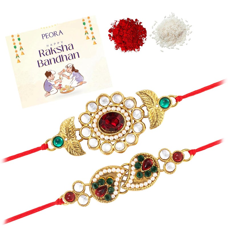 PEORA Rakhshabandhan Thread Rakhi for Brother Bhaiya | Kundan Beads & Crystal Studded | Combo Set of 2 | Rakhi Hamper Roli Chawal & Greeting Card - Image 2