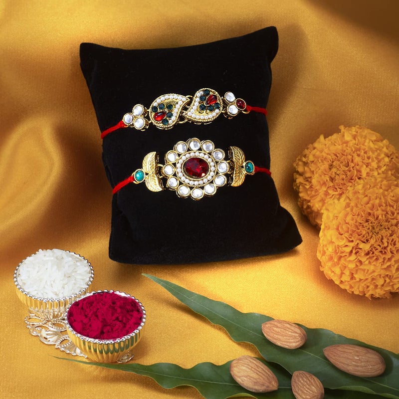 PEORA Rakhshabandhan Thread Rakhi for Brother Bhaiya | Kundan Beads & Crystal Studded | Combo Set of 2 | Rakhi Hamper Roli Chawal & Greeting Card - Image 5