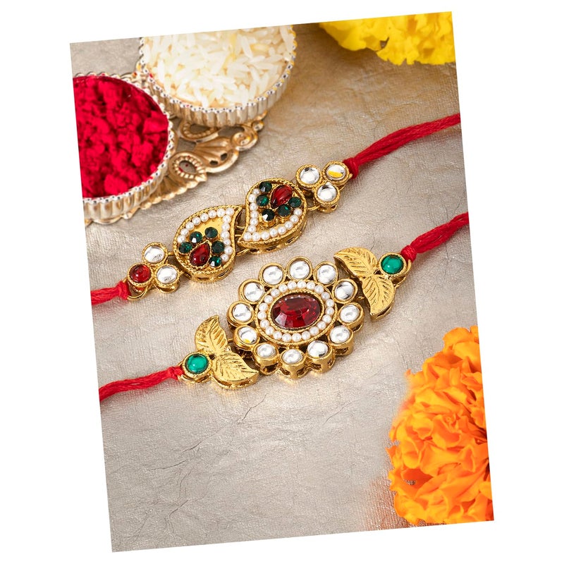 PEORA Rakhshabandhan Thread Rakhi for Brother Bhaiya | Kundan Beads & Crystal Studded | Combo Set of 2 | Rakhi Hamper Roli Chawal & Greeting Card - Image 1