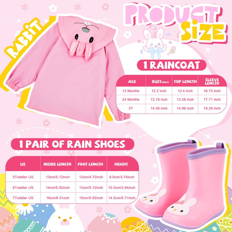 Twistover 2 Pcs Toddler Raincoat Rain Boots Set Kids Baby Cartoon Hoodie Zipper Jacket Short Rain Shoes for Little Boys Girls(2 T,Pink Rabbit) - Image 3