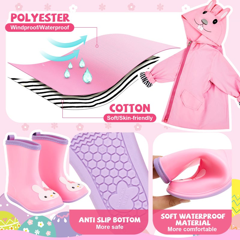 Twistover 2 Pcs Toddler Raincoat Rain Boots Set Kids Baby Cartoon Hoodie Zipper Jacket Short Rain Shoes for Little Boys Girls(2 T,Pink Rabbit) - Image 5