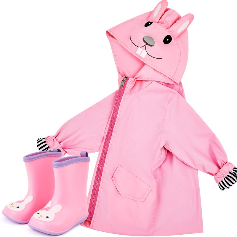 Twistover 2 Pcs Toddler Raincoat Rain Boots Set Kids Baby Cartoon Hoodie Zipper Jacket Short Rain Shoes for Little Boys Girls(2 T,Pink Rabbit) - Image 1