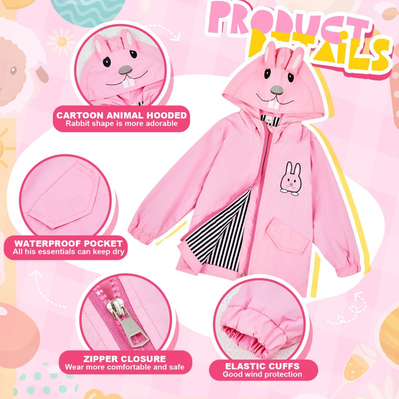 Twistover 2 Pcs Toddler Raincoat Rain Boots Set Kids Baby Cartoon Hoodie Zipper Jacket Short Rain Shoes for Little Boys Girls(2 T,Pink Rabbit) - Image 4