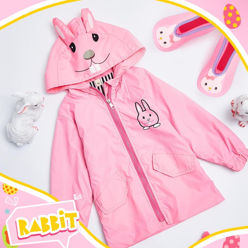 Twistover 2 Pcs Toddler Raincoat Rain Boots Set Kids Baby Cartoon Hoodie Zipper Jacket Short Rain Shoes for Little Boys Girls(2 T,Pink Rabbit) - Image 2