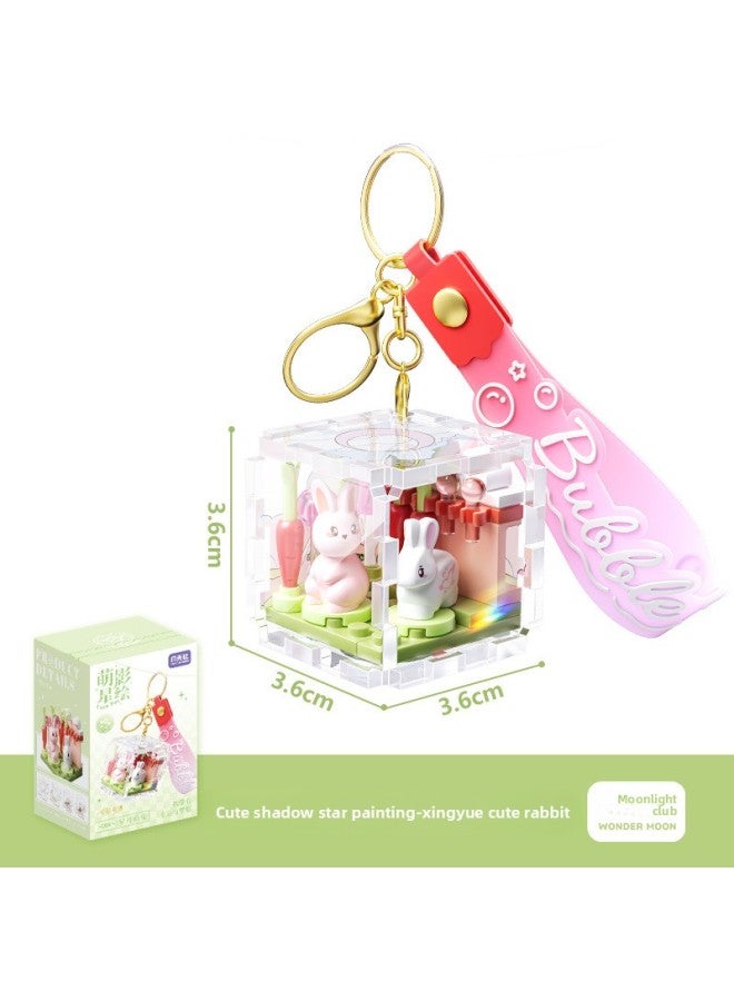 Moonlight Society Stereo Keychain Animal Flower Creative Decorative Pendant Diy Micro Particle Piece Block Toy Gift-Color:802061 Cute Rabbit On The Stars And Moon