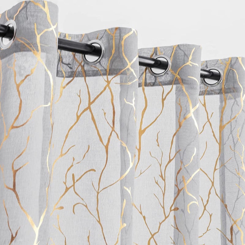 Kotile Tree Curtains for Living Room  Gold Foil Tree Branch Sheer Curtains 84 Inch Length for Bedroom Grommet Top Privacy Window Tree Curtains Grey 52 x 84 Inch 2 Panels Grey Gold