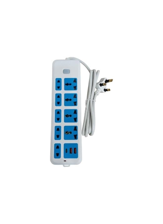 PROMASS Safety Power Strip, 5 Way Extension 2 in One Lead Outlets with 5 Smart Electrical Sockets & Surge Protector, C-type with Usb Port Inside - 2M Extension Cord, for Home & Offices Usefull Product 