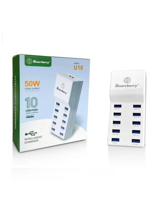 Smartberry 50W U10 10-Port USB Wall Charger – Multi-Device Intelligent Charging Station with Auto Detect Technology – High-Speed USB Adapter for Smartphones, Tablets, Laptops & More – Compact Family Charging Hub with Built-in Safety Protection – Fast & Efficient USB Power Block  - Image 1