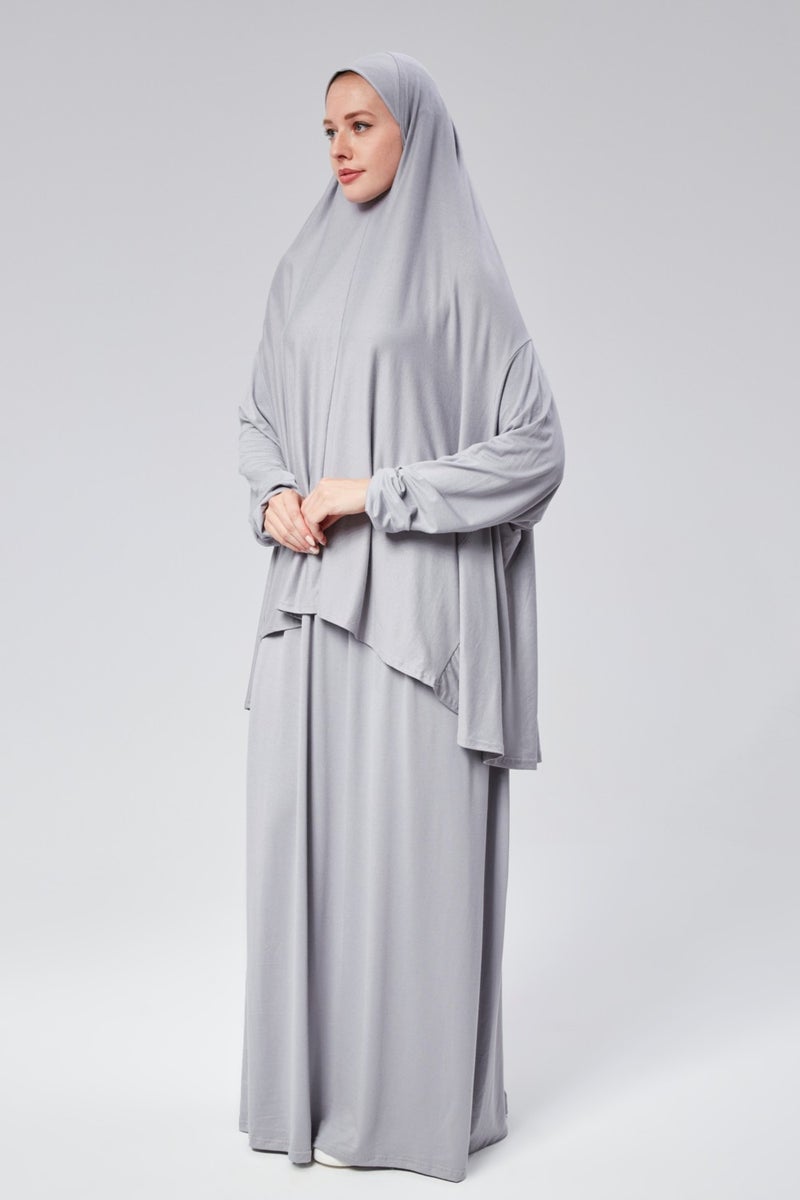 Sonbahar Moda Autumn Fashion Women Two Piece Prayer Dress Headscarf Organic Cotton Elastic Sleeve Non-Slip Combed Cotton Hijab Skirt Gray  - Image 2