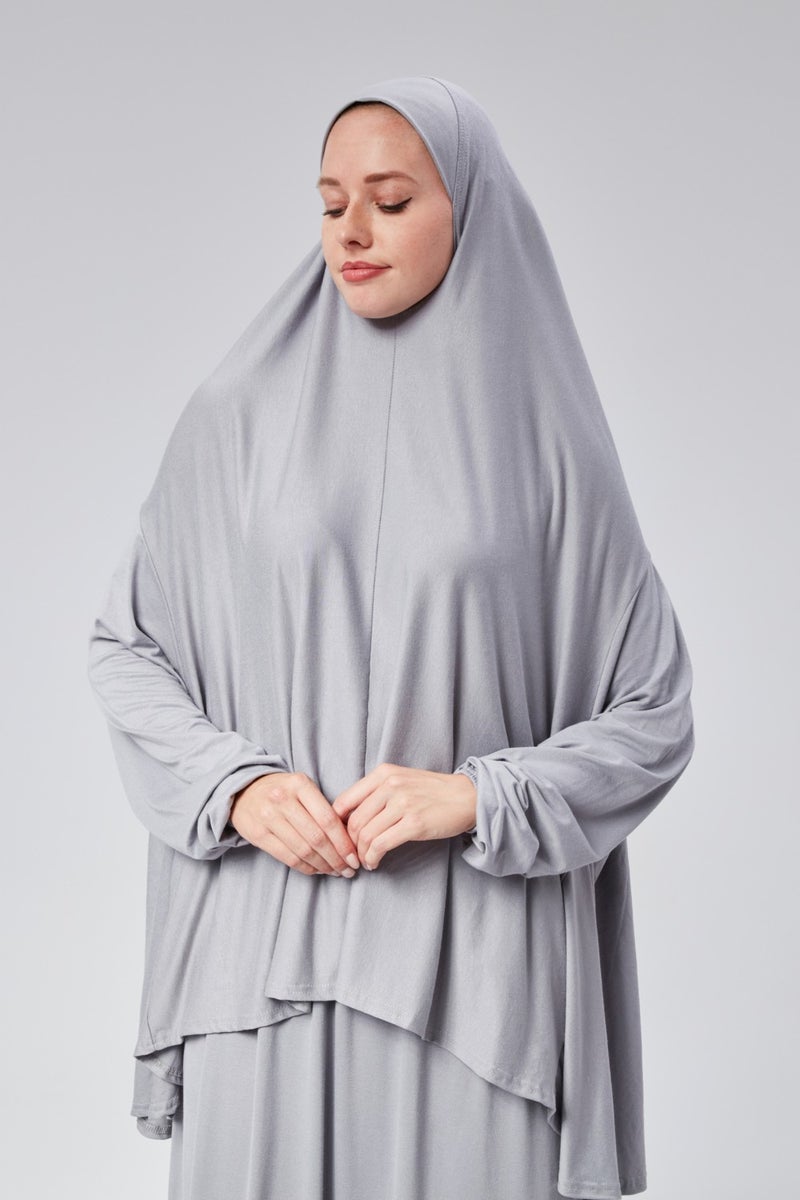 Sonbahar Moda Autumn Fashion Women Two Piece Prayer Dress Headscarf Organic Cotton Elastic Sleeve Non-Slip Combed Cotton Hijab Skirt Gray  - Image 4