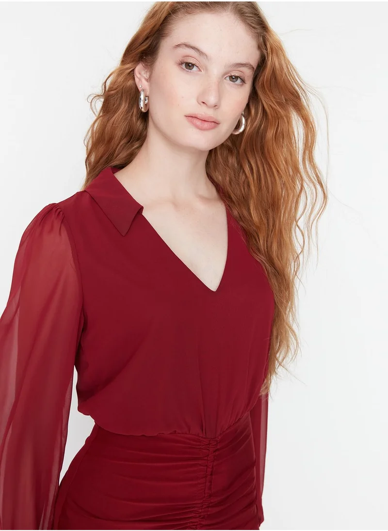 trendyol Polo Neck Ruffle Detail Ruched Dress