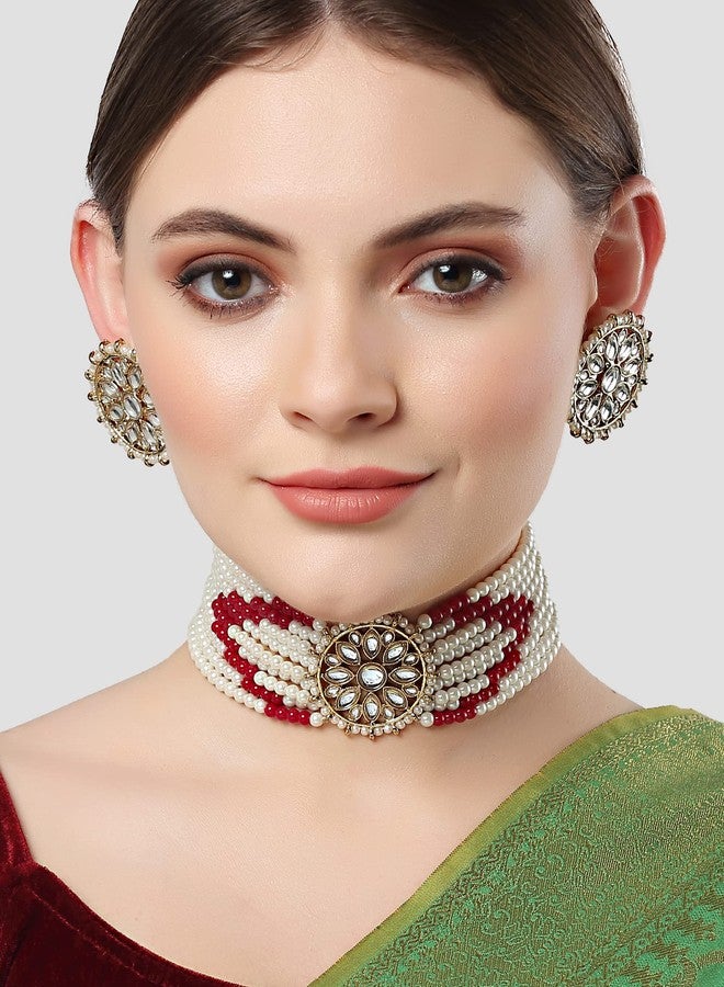 Karatcart Gold Plated White Pearl and Red Beads Kundan Choker Necklace Set for Women - Image 2