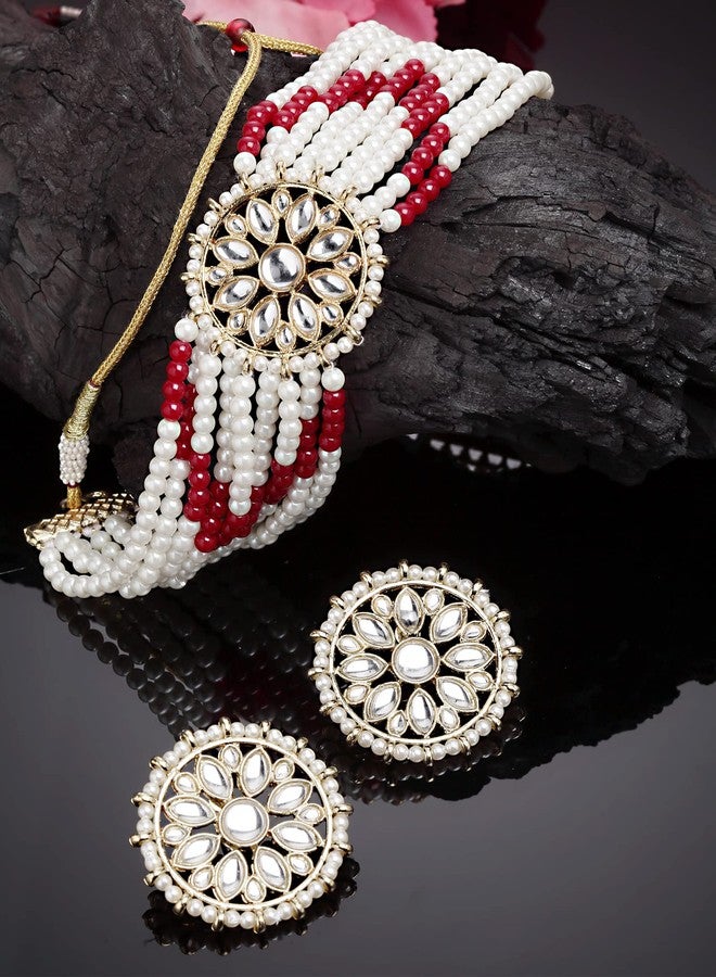 Karatcart Gold Plated White Pearl and Red Beads Kundan Choker Necklace Set for Women - Image 4