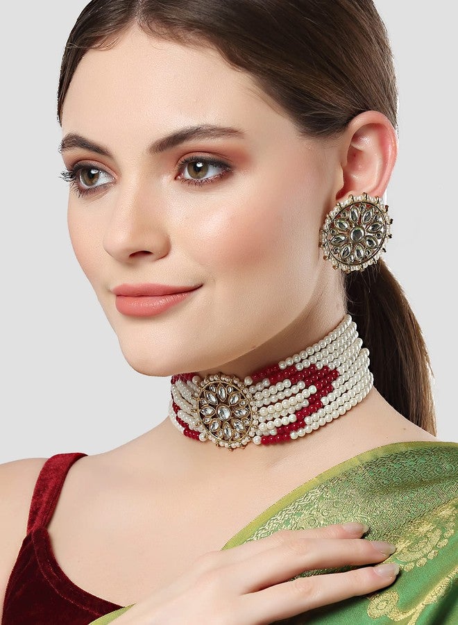 Karatcart Gold Plated White Pearl and Red Beads Kundan Choker Necklace Set for Women - Image 3
