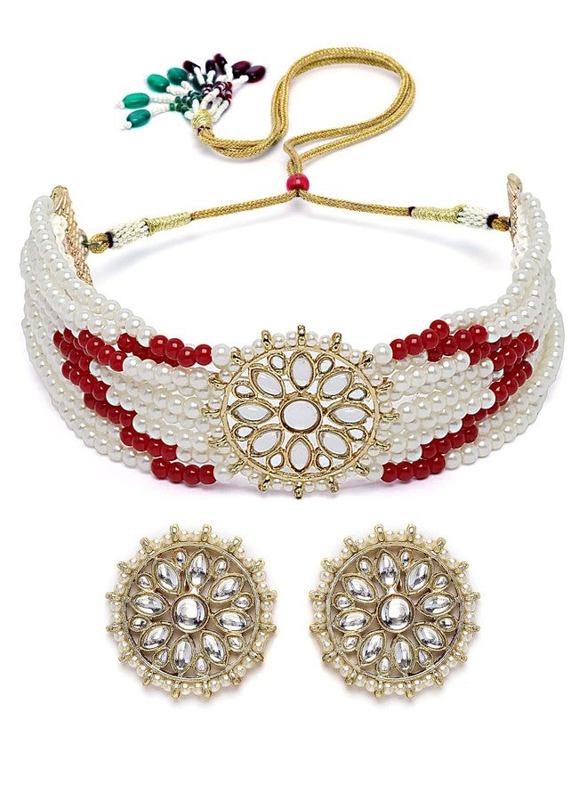 Karatcart Gold Plated White Pearl and Red Beads Kundan Choker Necklace Set for Women - Image 1