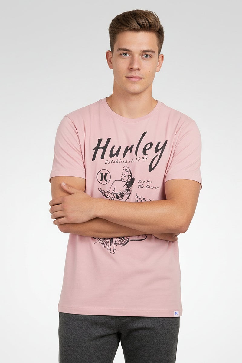 Hurley تي شيرت رجالي برقبة مستديرة وأكمام قصيرة بطبعة جرافيك، وردي - Image 1