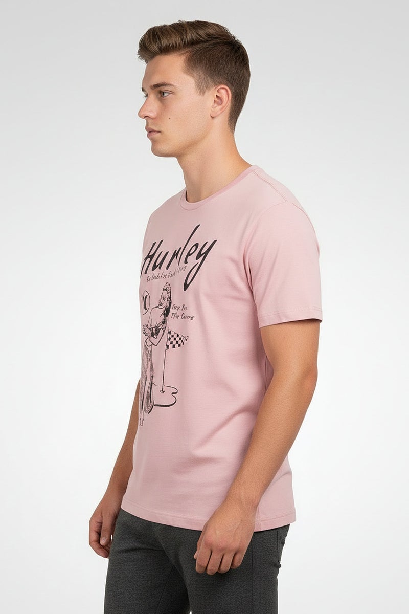 Hurley تي شيرت رجالي برقبة مستديرة وأكمام قصيرة بطبعة جرافيك، وردي - Image 3