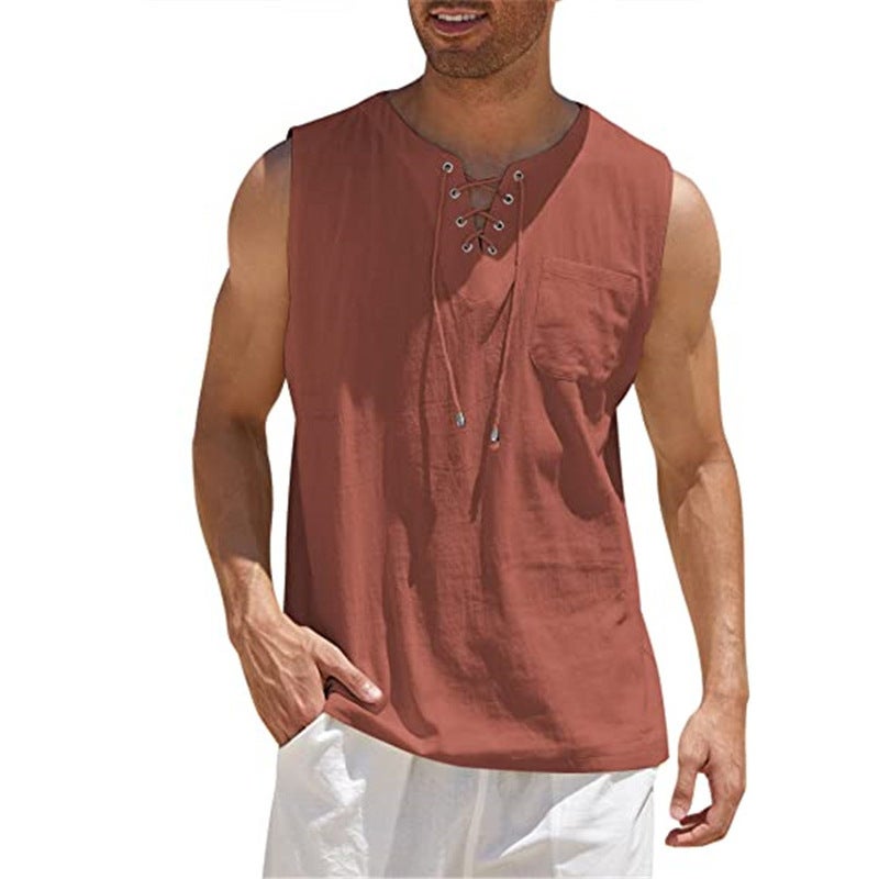 2022 Sale New Men's Vest Shirt Lace-up Fashion Solid Color Cotton and Linen Short-sleeved T-shirt - Image 4
