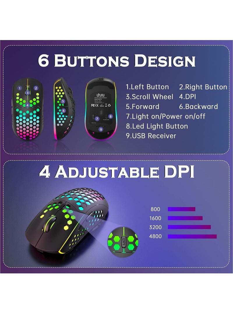 Generic - Lightweight Wireless Gaming Mouse, WM-08 Rechargeable Computer Mouse with Honeycomb Shell, 11 Led Light Modes, 4 Adjustable DPI, 2.4GHz Wireless RGB Mouse - Image 1