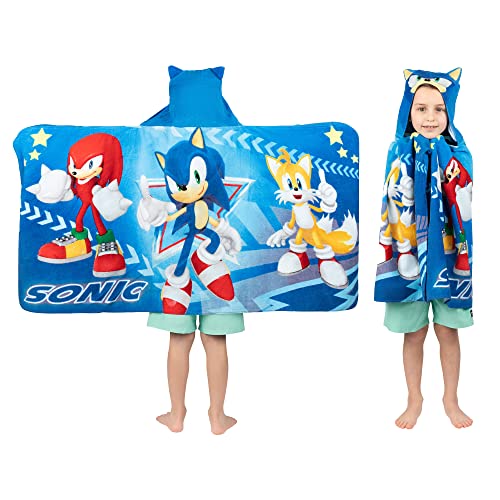 Franco Sonic The Hedgehog Anime BathPoolBeach Soft Cotton Terry Hooded Towel Wrap 24 in x 50 in By Franco Kids