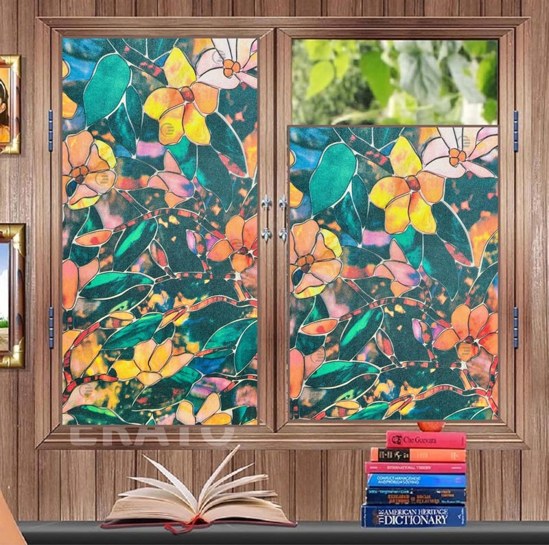 ERATO™ Privacy Window Frosted Film Decorative Window Tint Glass Non-Adhesive Sun Blocking Sticker Film (24x48 Inch, 05 Flower Frosted) - Image 1