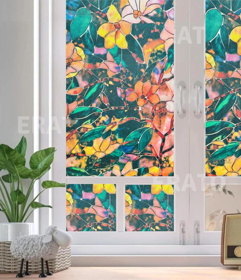 ERATO™ Privacy Window Frosted Film Decorative Window Tint Glass Non-Adhesive Sun Blocking Sticker Film (24x48 Inch, 05 Flower Frosted) - Image 4
